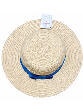 Tommy Bahama Kids Girls Straw Sun Hat Wide Brim Blue Bow Beach Easter | One Size